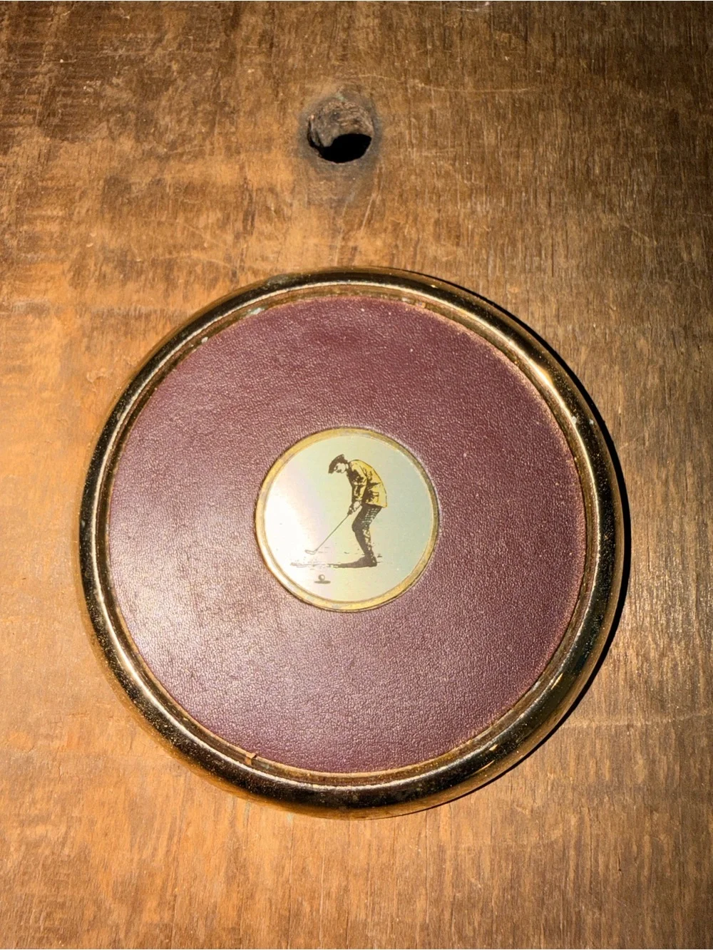 Set of 4 Vintage Golf-Themed Leather & Gold Coasters - Burgundy
